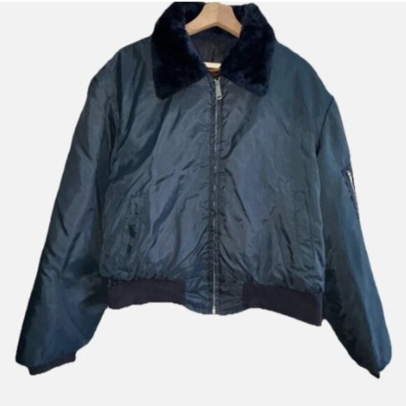 Vintage Navy Blue Bomber Jacket, EMAR Zipper, Quilted Inside Faux Fur Collar - Picture 1 of 16